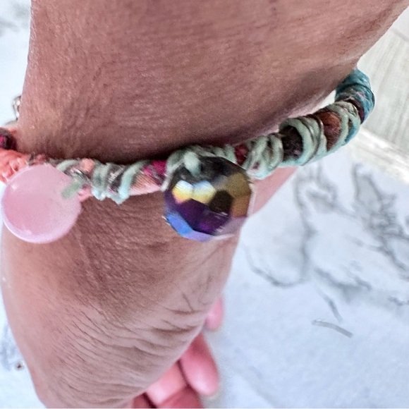 Handmade charm bracelet beaded Assemblage Bangle Thrashed Trashed Fabric shreds - Picture 11 of 14